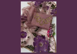 Pakistani organza suit with handcrafted golden floral embroidery