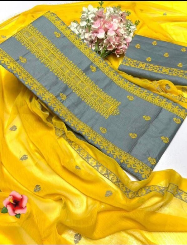 Yellow & Grey Kanak Unstitched Lawn Dress – Elegant Summer Wear