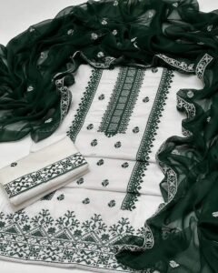 Green & White Floral Lawn Suit – Unstitched 3-Piece