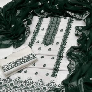 Green & White Floral Lawn Suit – Unstitched 3-Piece