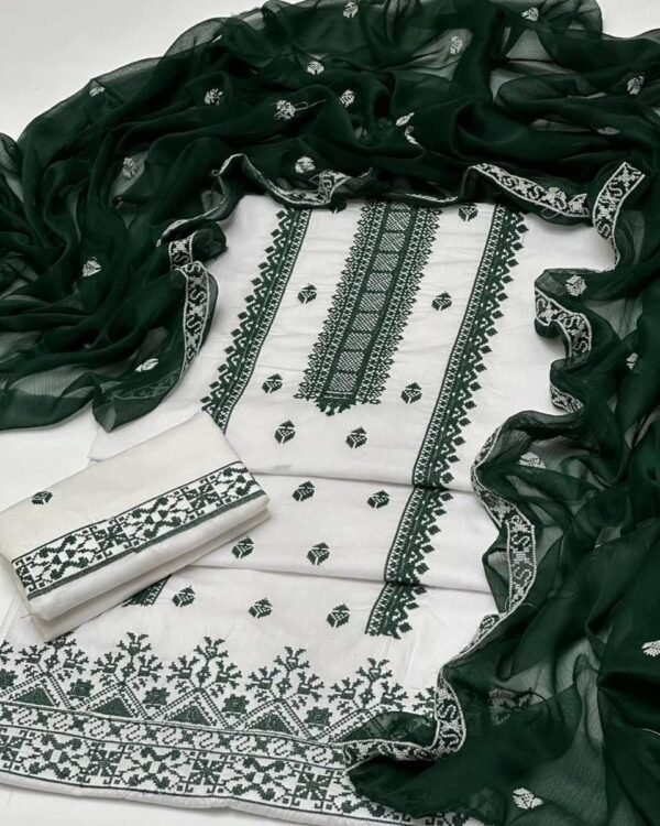 Green & White Floral Lawn Suit – Unstitched 3-Piece