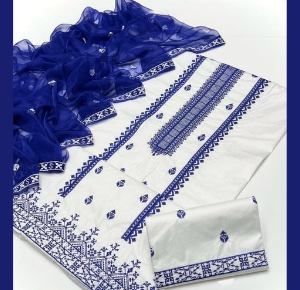 "White Blue Embroidered Cotton Suit for Women – 3PC