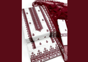 Red & White Embroidered Women’s Suit – 3PC Synthetic Set