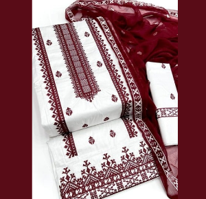 Red & White Embroidered Women’s Suit – 3PC Synthetic Set