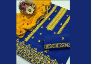 Blue & Yellow Embroidered Women’s Suit – 3PC Synthetic Set