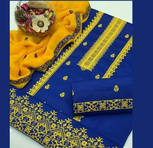 Blue & Yellow Embroidered Women’s Suit – 3PC Synthetic Set