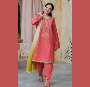 Elegant Coral Pink Embroidered Suit with Lemon Yellow Dupatta
