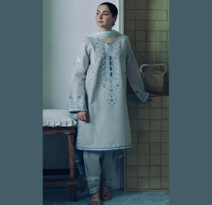 Graceful Ice Grey Embroidered Suit with Sky Blue Detailing