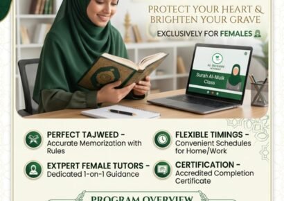 Hifz Surah Al-Mulk online program for females with Quran memorization, Tajweed guidance, female tutors, and flexible classes