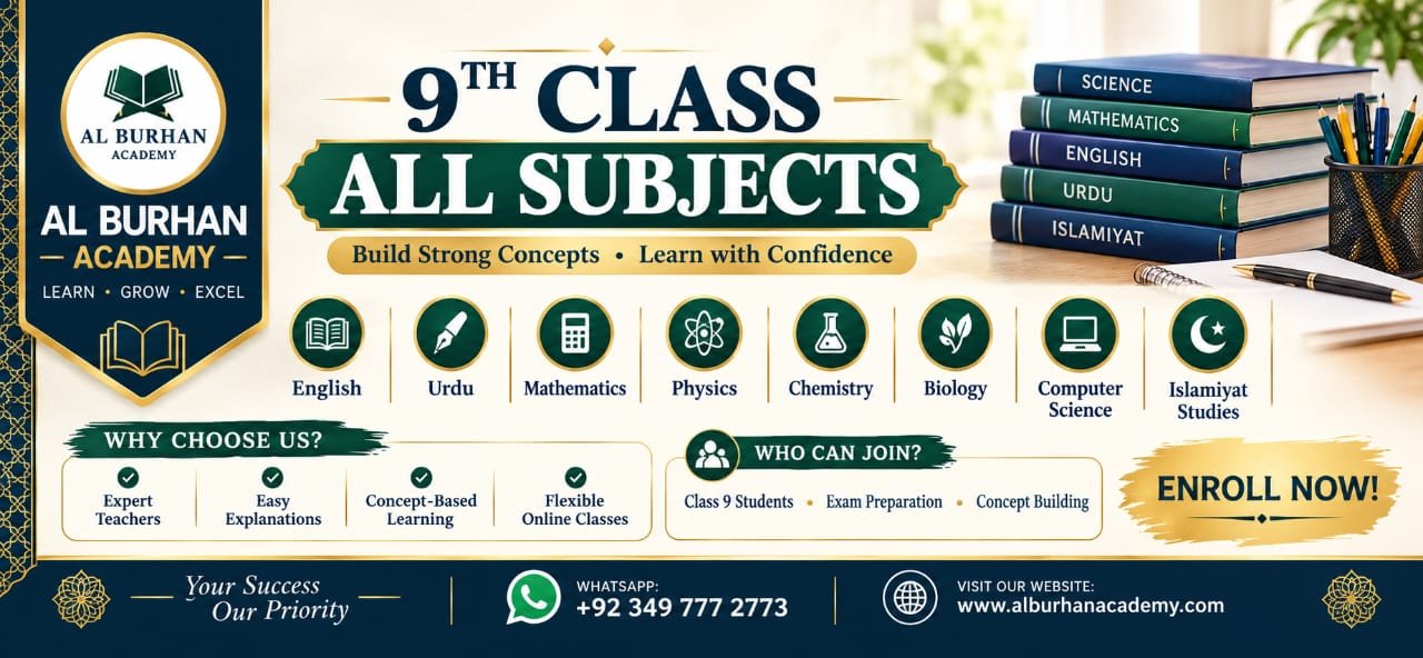 9th Class All Subjects online tuition at Al Burhan Academy